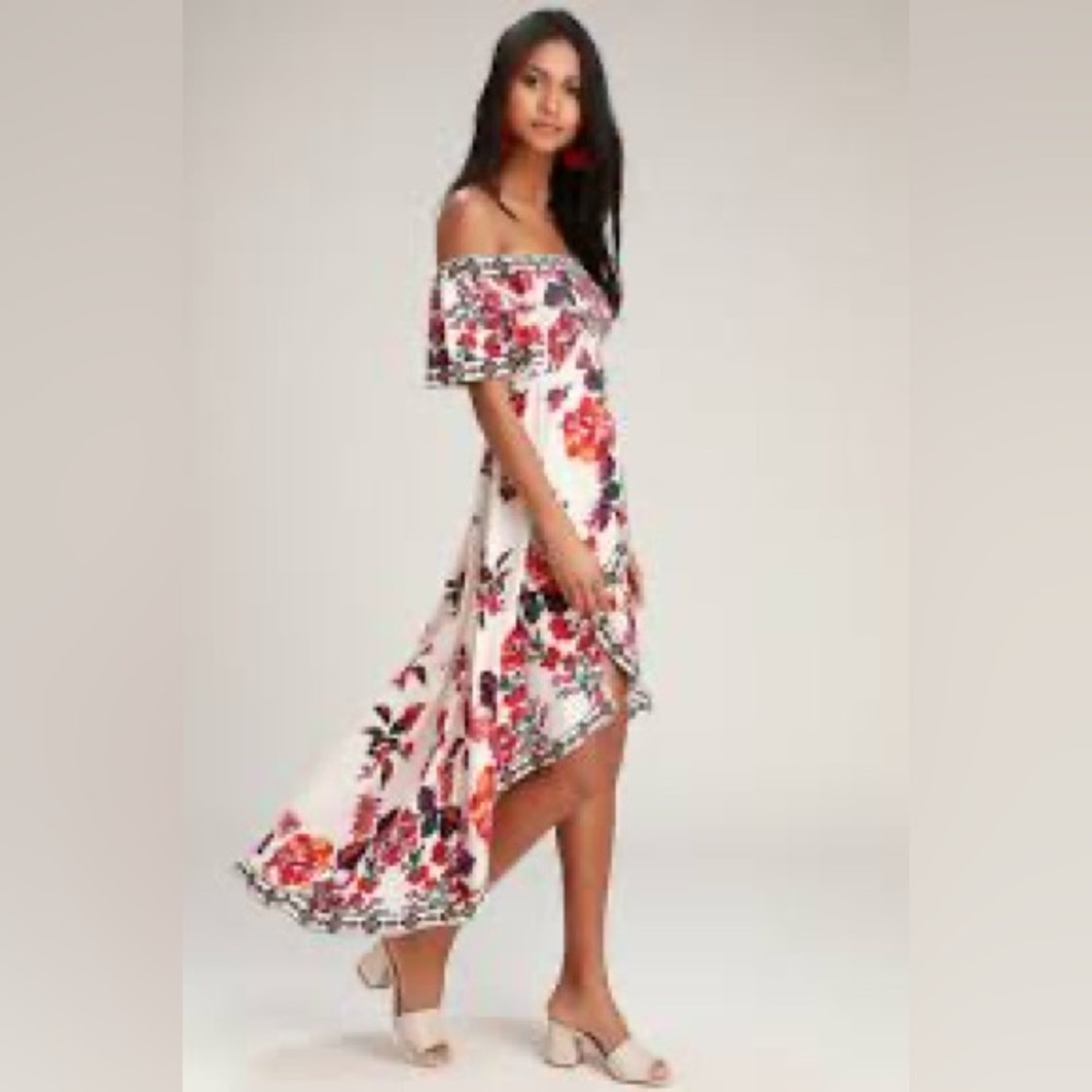 🕠 Lulus Jealous Tomato | Danica | Off-Shoulder Smocked High-Low Maxi | Multi |